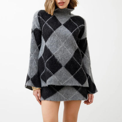 Women’s Argyle Knit Sweater and Mini Skirt Two Piece Set