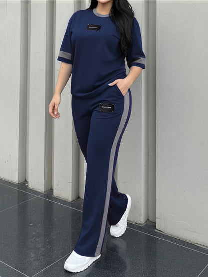 Women's Colour-Block T-Shirt and Trousers Set