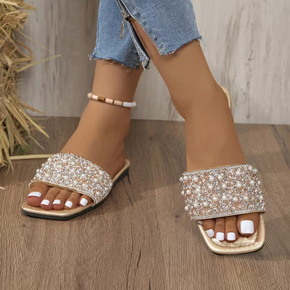 Pearl-Embellished Flat Slide Sandals