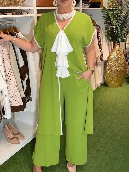 Women's Elegant Contrast-Trim Tunic and Wide-Leg Trouser Set