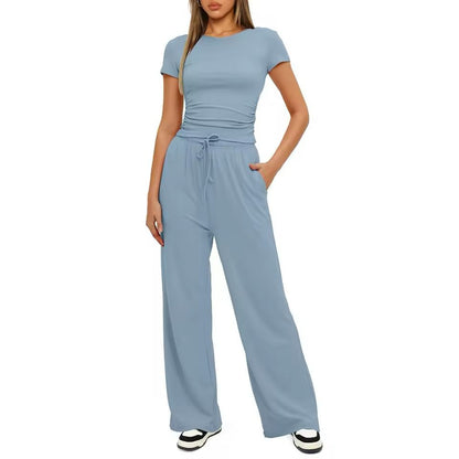 Women's Summer Ruched Top & Wide-Leg Pants Set