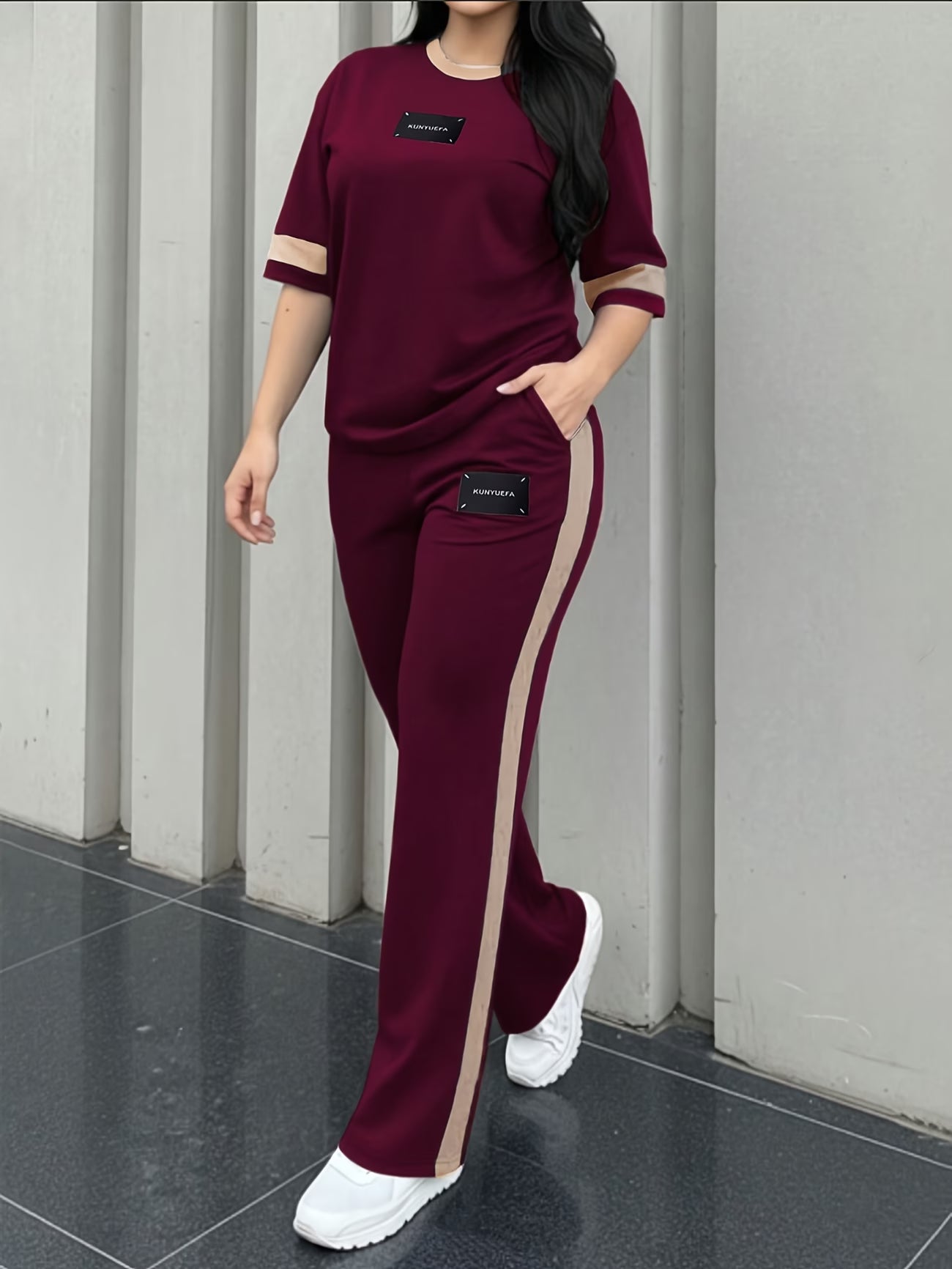Women's Colour-Block T-Shirt and Trousers Set