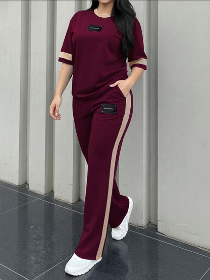 Women's Colour-Block T-Shirt and Trousers Set