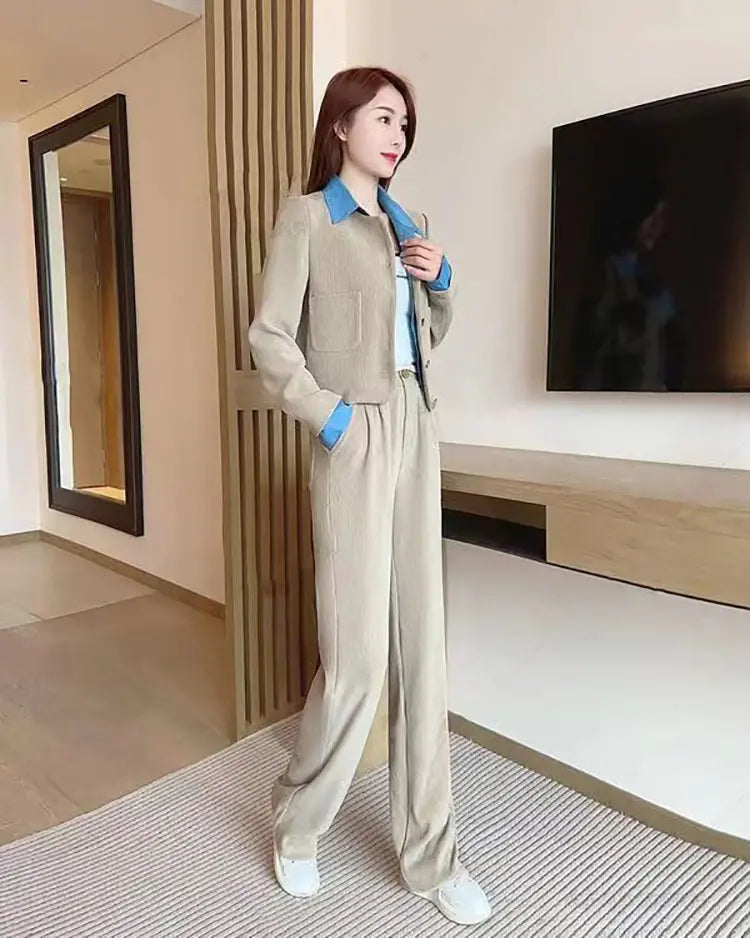Women’s Casual Long Sleeve Jacket & Wide-Leg Trousers Set