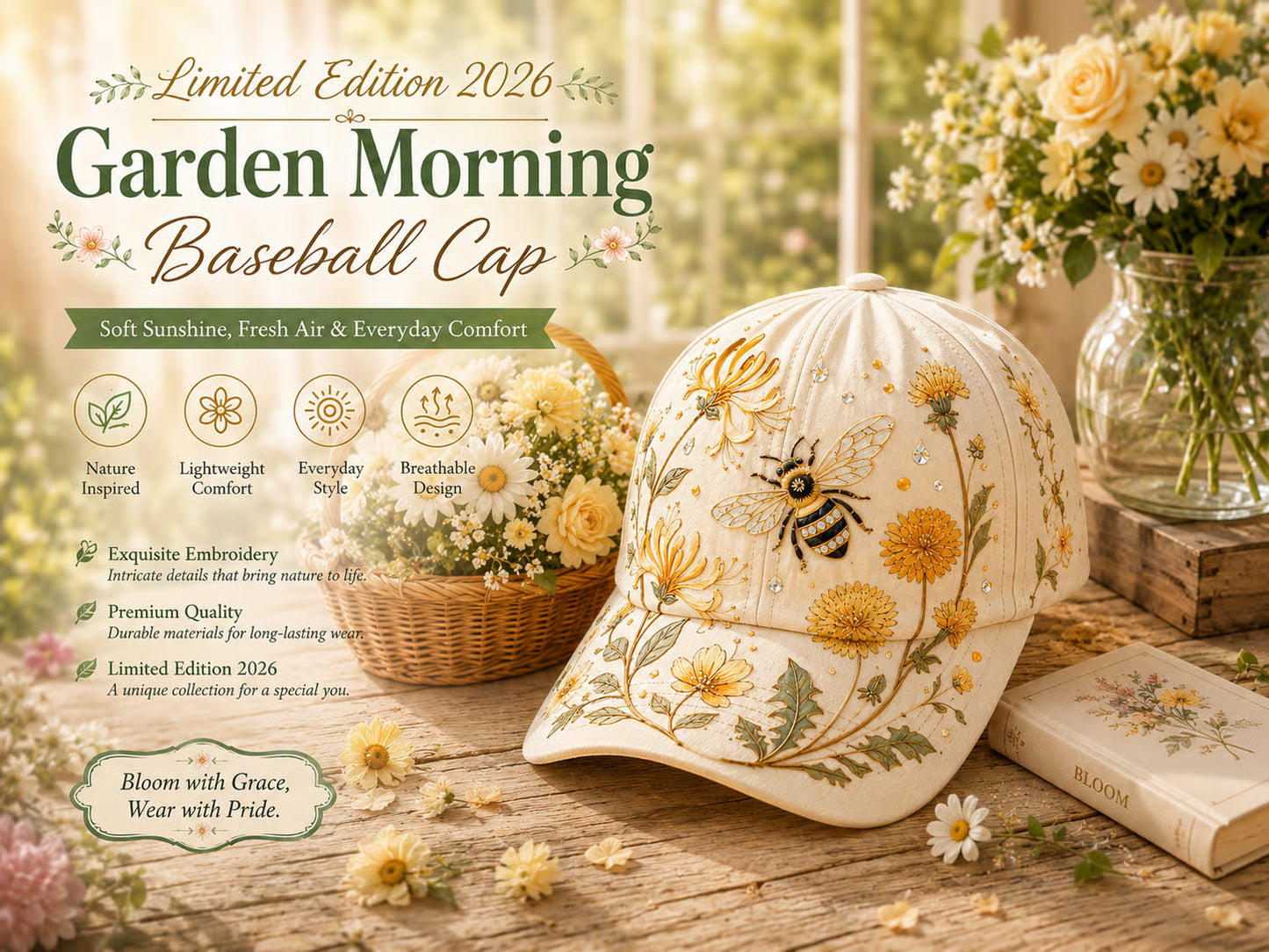 Embroidered Floral Bee Cap