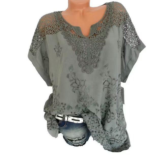 Women’s Lace-Panel Embroidered V-Neck Top