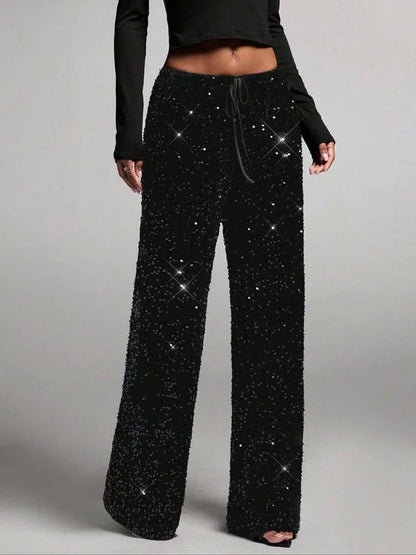 Women’s Sequin Wide-Leg Party Trousers with Elastic Waistband