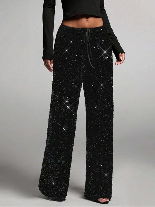 Women’s Sequin Wide-Leg Party Trousers with Elastic Waistband