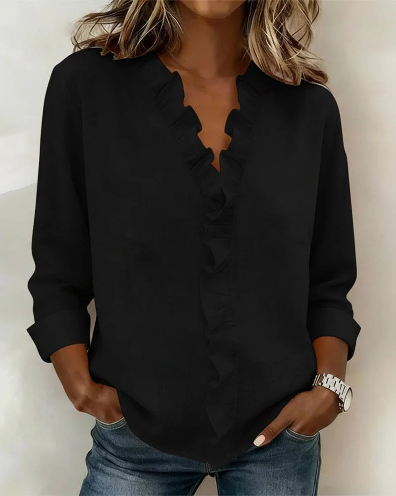 Women’s V-Neck Ruffle Cotton Blend Blouse with Long Sleeves