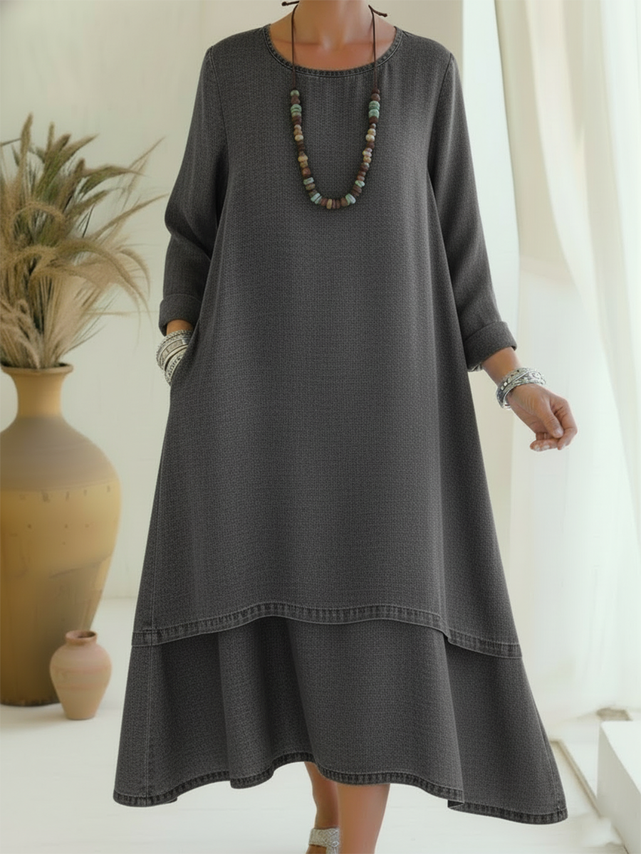 Women’s Double-Layer Denim Midi Dress with Relaxed Sleeves