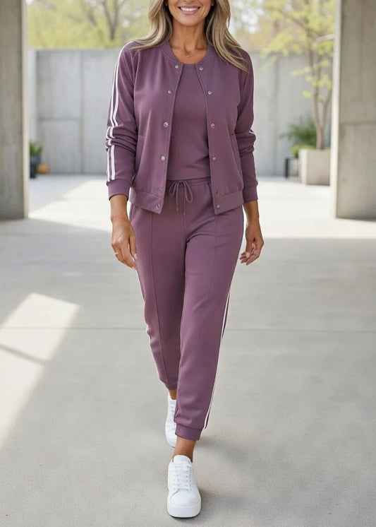 Women’s Sport Stripe Button Jacket & Jogger 3-Piece Set