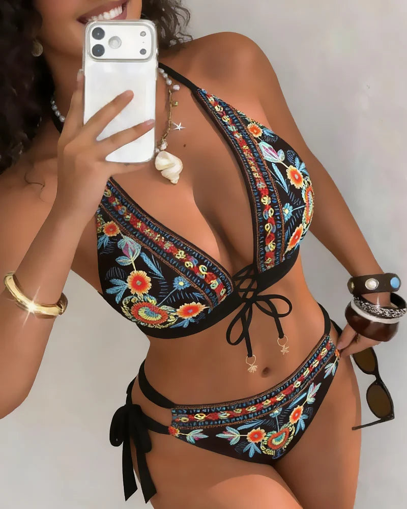 Women’s Floral Lace-Up Bikini Set
