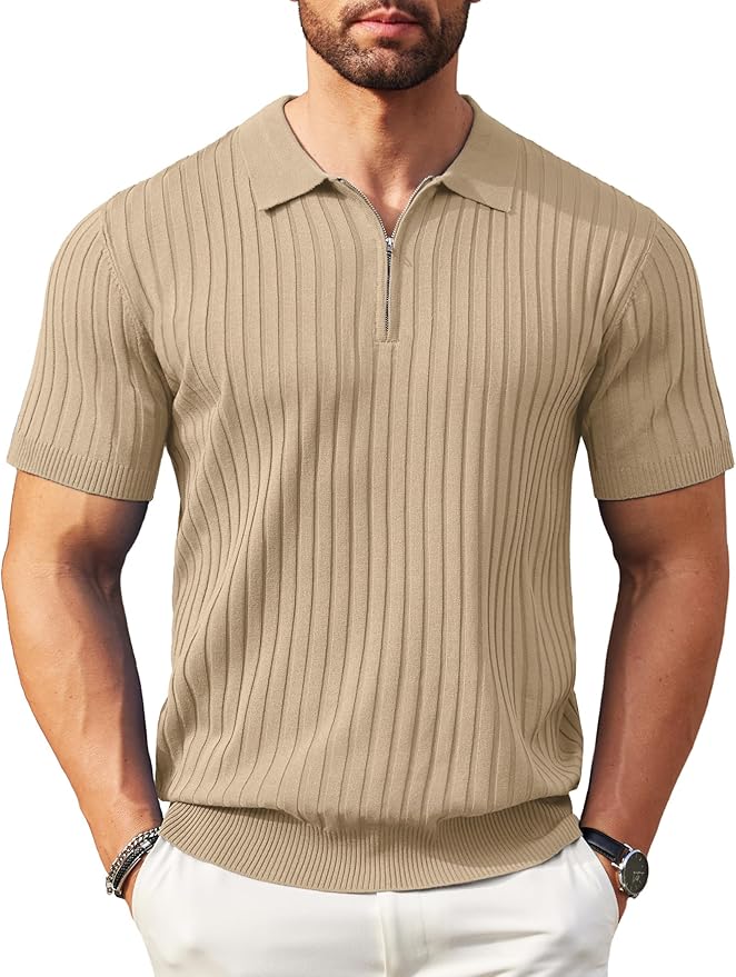 Men's Zipper Short Sleeve Ribbed Knit Polo T-Shirt