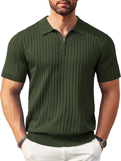 Men's Zipper Short Sleeve Ribbed Knit Polo T-Shirt