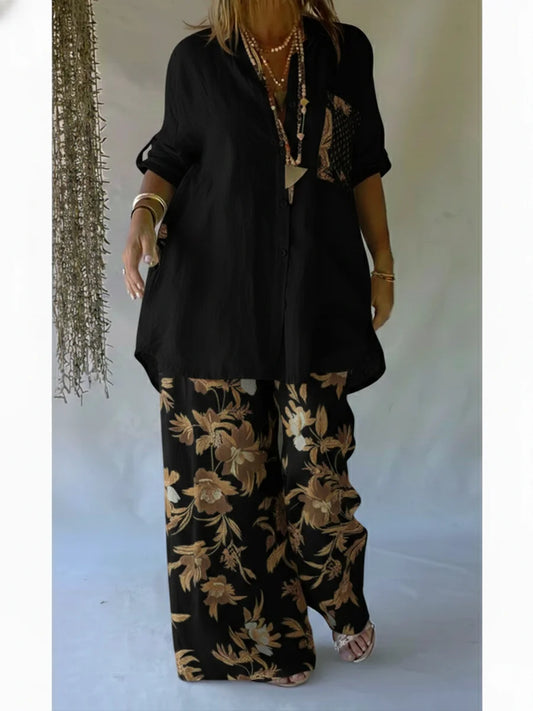 Women’s Casual Floral Linen Cotton Shirt & Trousers Set
