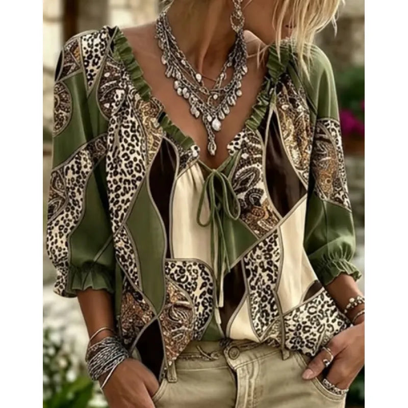 Women's Leopard Lace Up Puff Sleeve Blouse