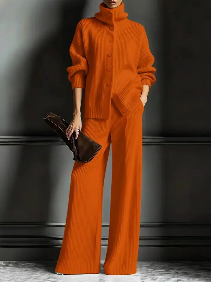 Women’s Luxe Ribbed Funnel-Neck Cardigan & Wide-Leg Knit Set