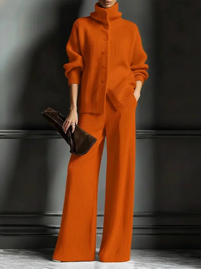 Women’s Luxe Ribbed Funnel-Neck Cardigan & Wide-Leg Knit Set