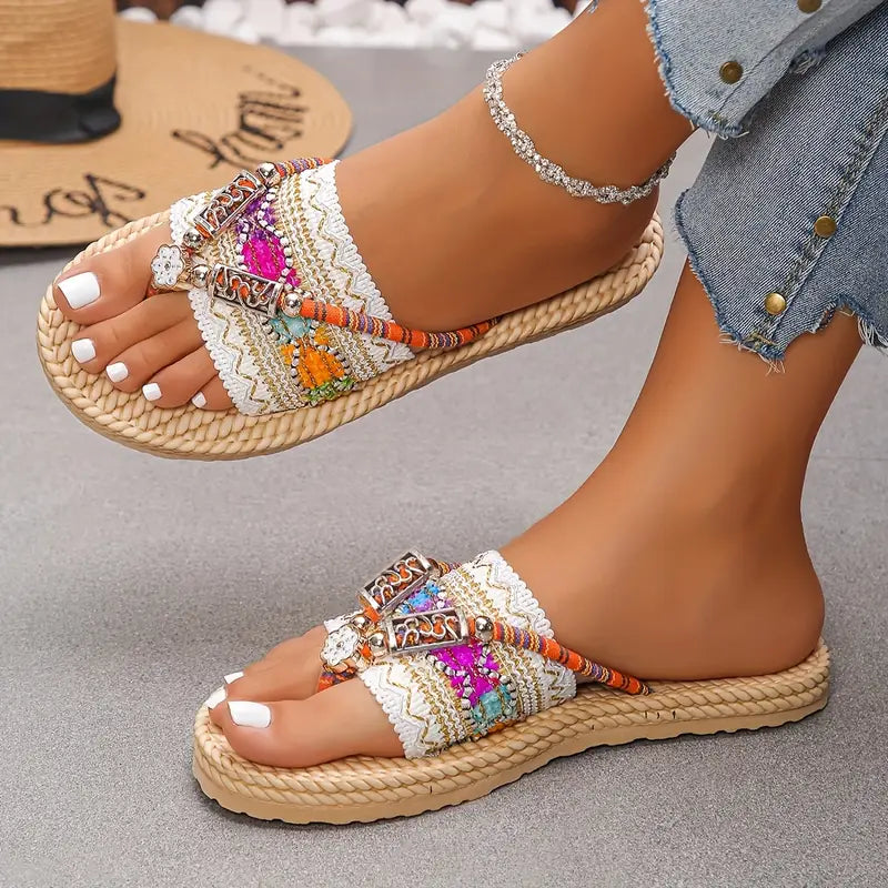 🌸 Boho Ethnic Beaded Strap Flat Sandals