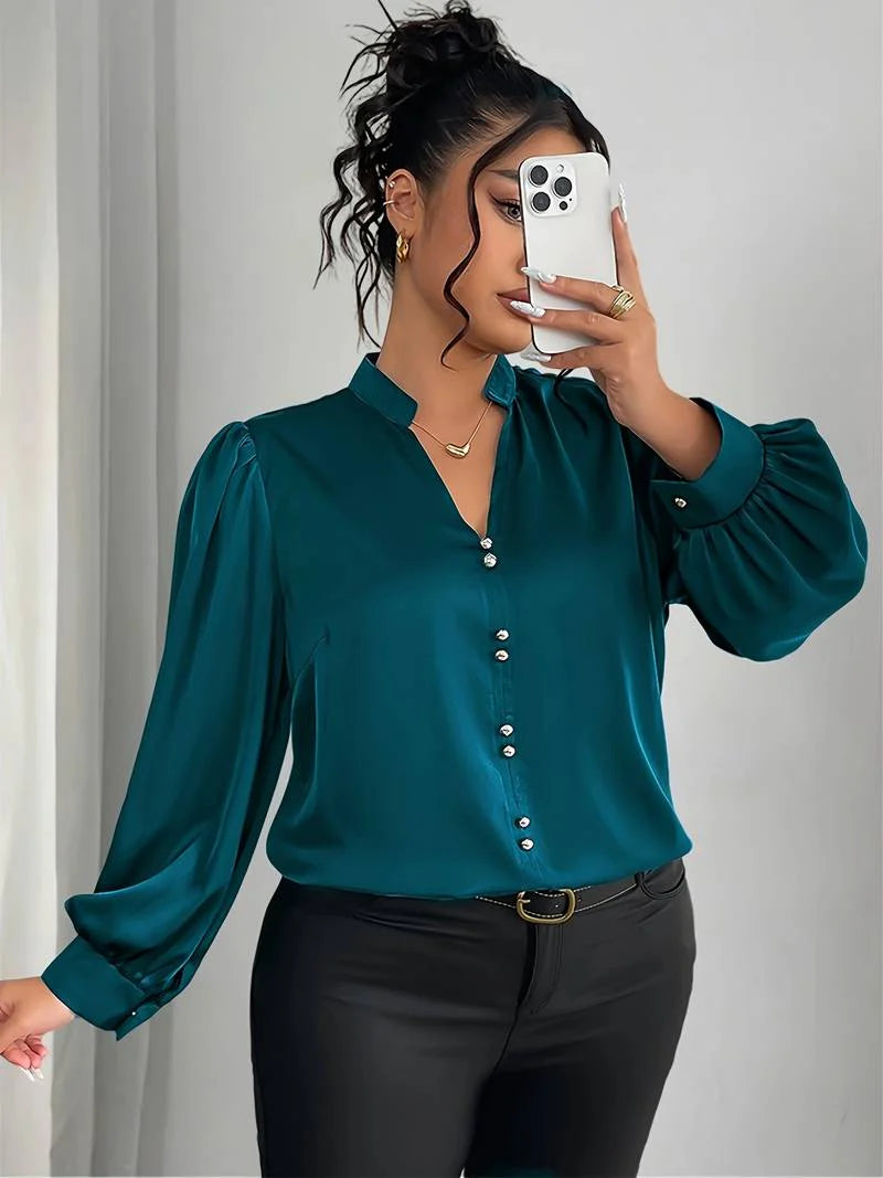 Women’s Satin Bubble-Sleeve V-Neck Blouse