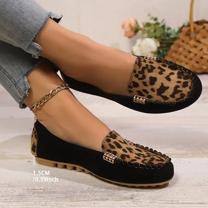 Women's Leopard Print Loafers - Slip-On Chain Detail