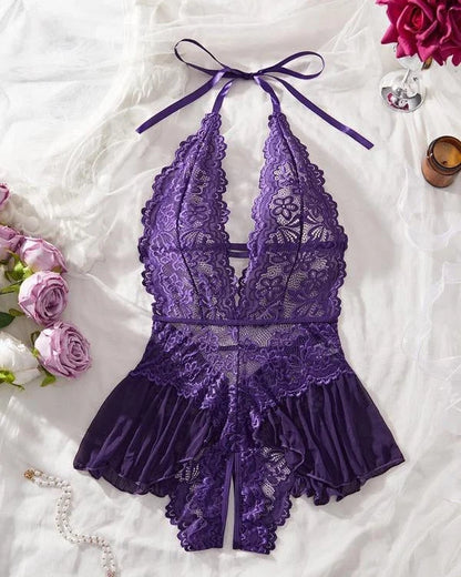 Women’s Floral Lace Halterneck Teddy Bodysuit