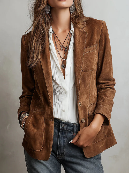 Women’s Vintage Brown Suede Contrast-Stitch Jacket