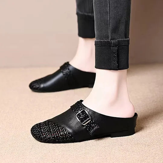 Women’s Braided Leather-Look Closed-Toe Buckle Mules