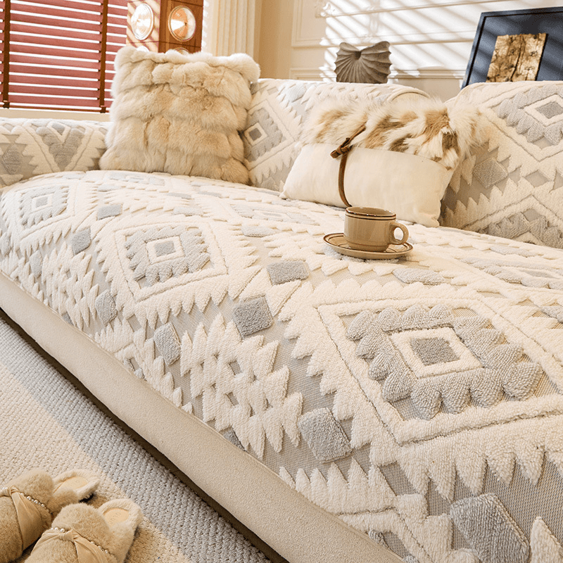 Geometric Plush Jacquard Sofa Cover Protector