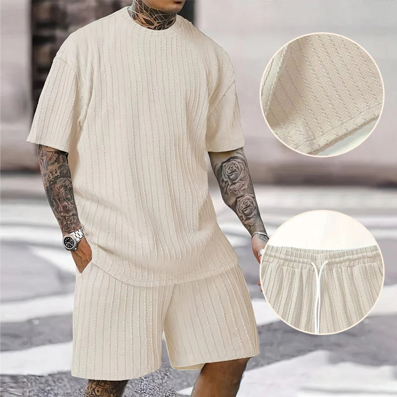 Men’s Textured T-Shirt and Drawstring Shorts Set
