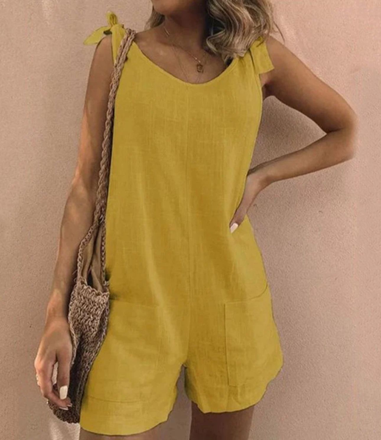 JUMPSUIT WITH BOW SHOULDER STRAPS AND POCKETS