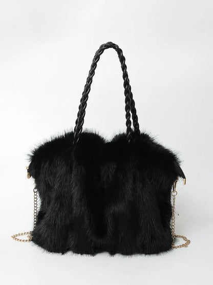 Women’s Braided-Handle Faux-Fur Shoulder Tote