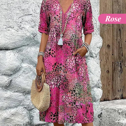 Women's Printed V-Neck Midi Dress