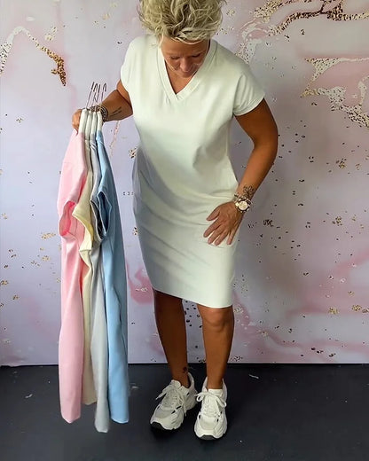 Women’s Casual V-Neck Short Sleeve Midi Dress