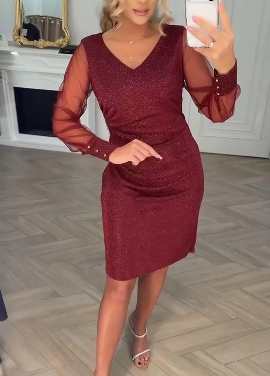 Women’s Sparkly Patchwork V-Neck Long-Sleeve Midi Dress