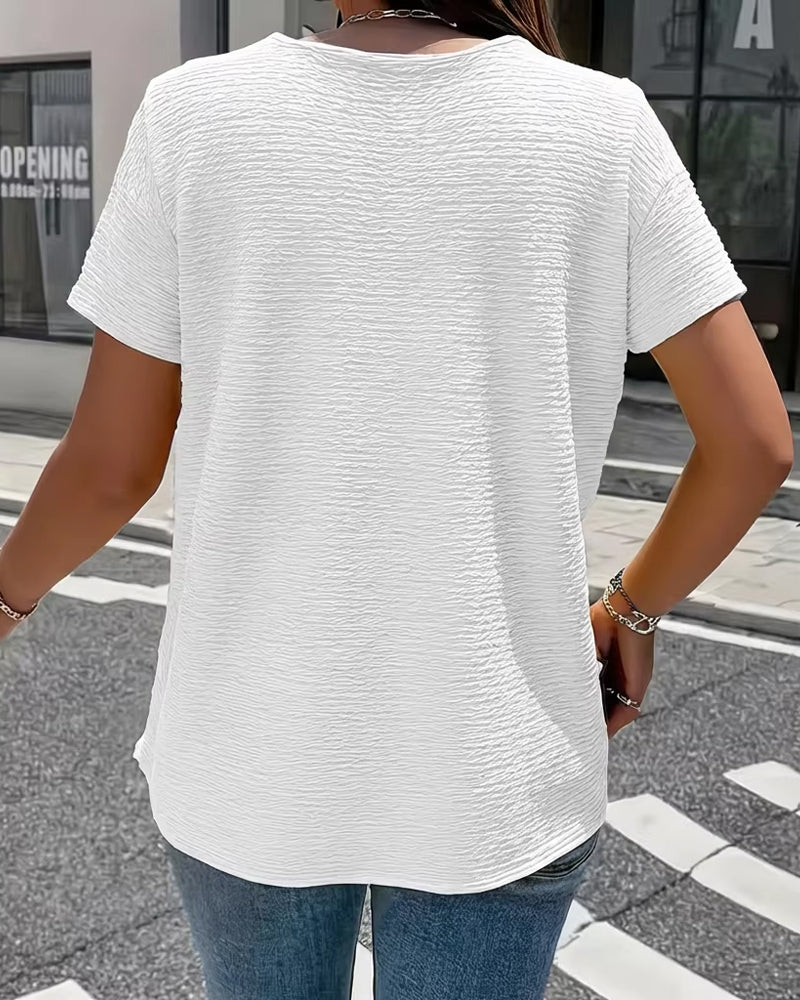 Women’s Textured V-Neck Button Detail Casual T-Shirt