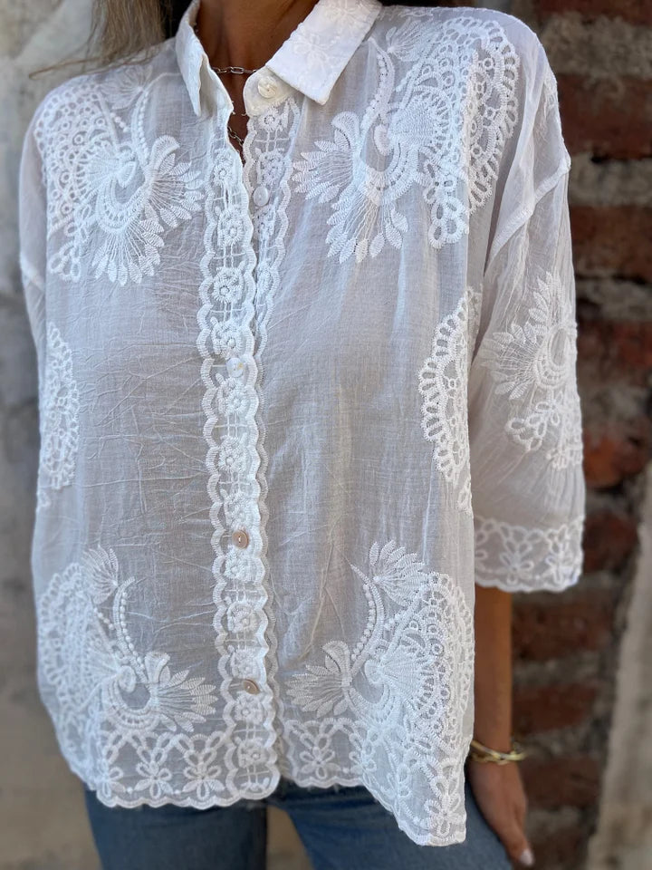 Women’s Lace Embroidered Button-Up Long Sleeve Blouse