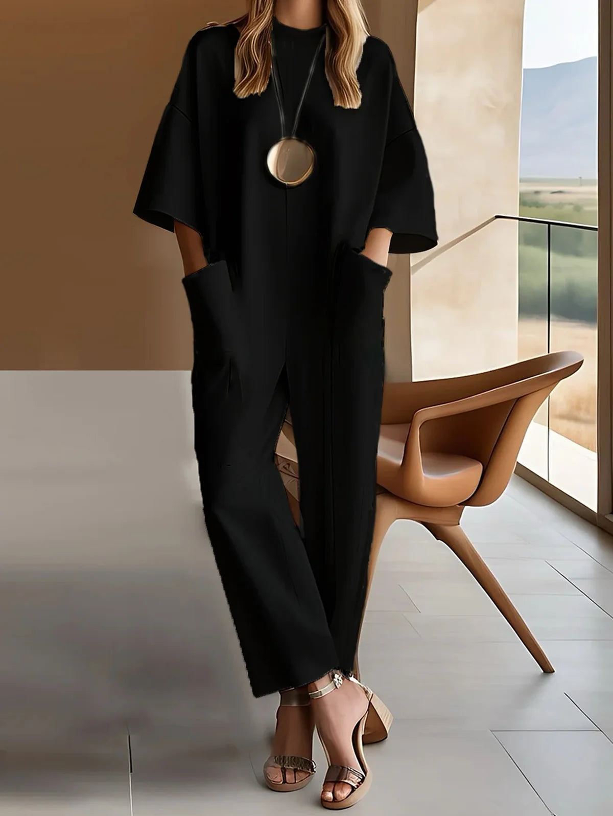 Women’s Plain Side-Pocket 3/4 Sleeve Straight-Leg Jumpsuit