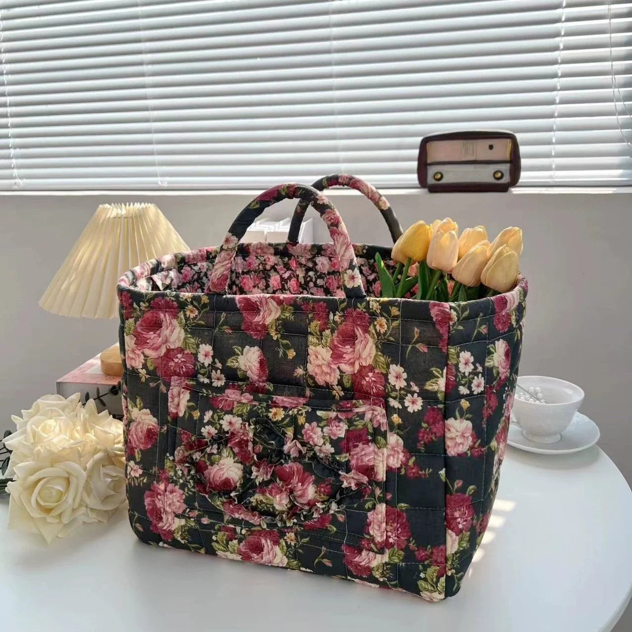 Boho Quilted Fabric Storage Basket Tote