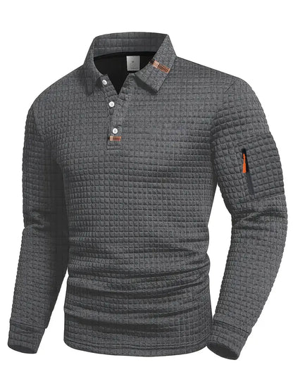 Men’s Textured Long Sleeve Polo Shirt with Zip Pocket