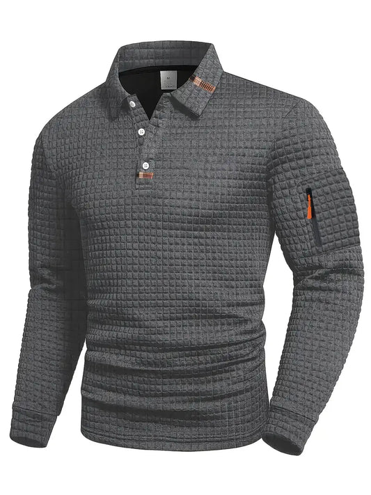Men’s Textured Long Sleeve Polo Shirt with Zip Pocket