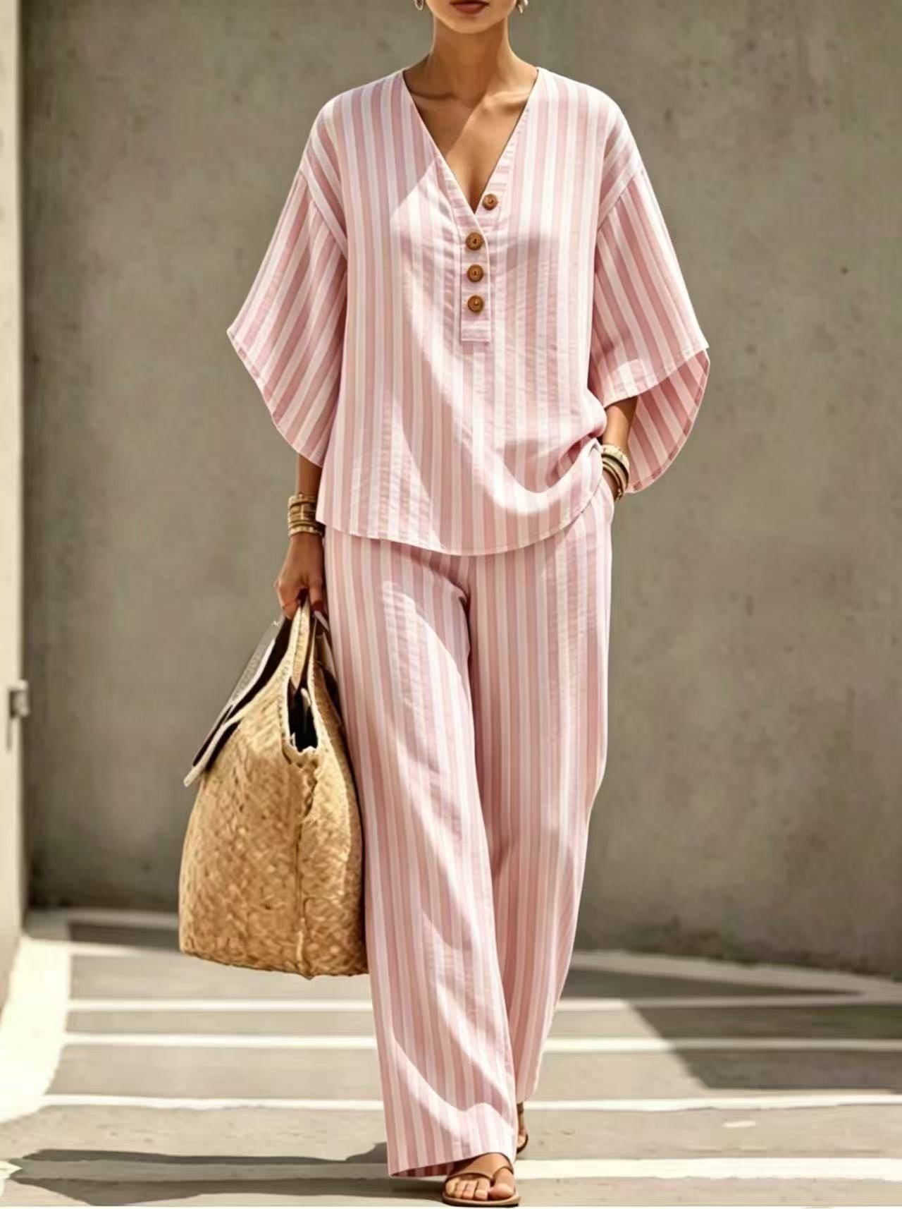 Women's Striped V-Neck Trousers Set