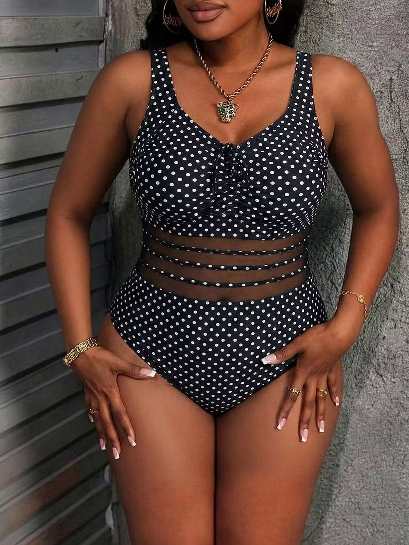 Women’s Polka Dot Mesh-Waist One-Piece Swimsuit