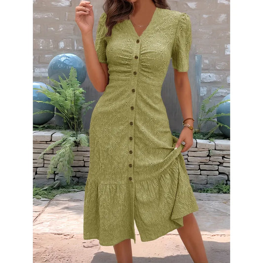 Women's Button-Front V-Neck Midi Dress