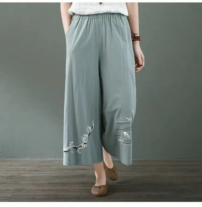 2025 Summer Cotton-Linen Harem Pants – 9/10 length, elastic waist & embroidered design!