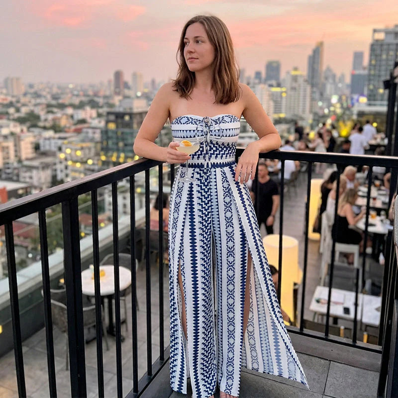 Women's Strapless Geometric Wide-Leg Jumpsuit