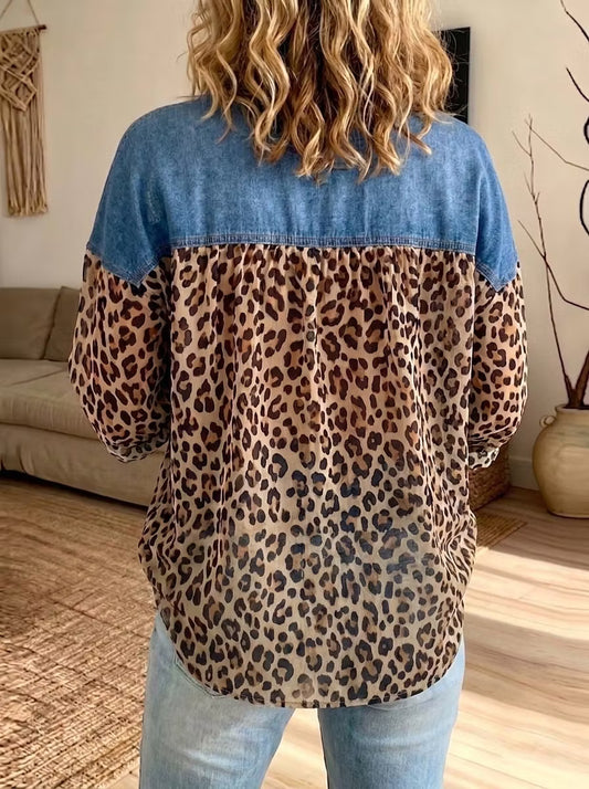 Women’s Denim-Look and Leopard Print Button-Down Blouse