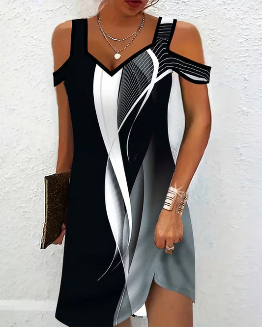 Monochrome V-Neck Cold-Shoulder Dress