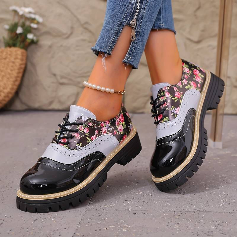 Women’s Floral Brogue Lace Up Chunky Sole Shoes