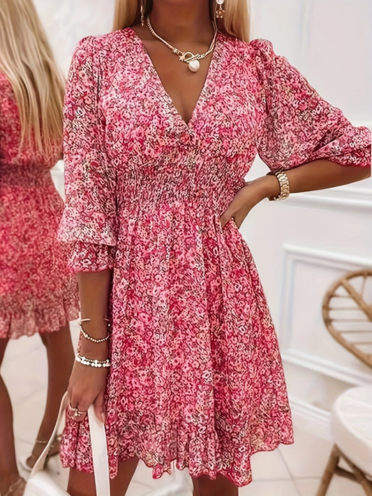 Floral Shirred V-Neck Dress – 3/4 Sleeve Spring & Fall